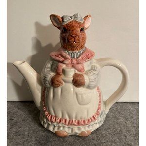 Mother Bunny Teapot w/Apron and Hairbow  7.5 x 8 inches   #1318